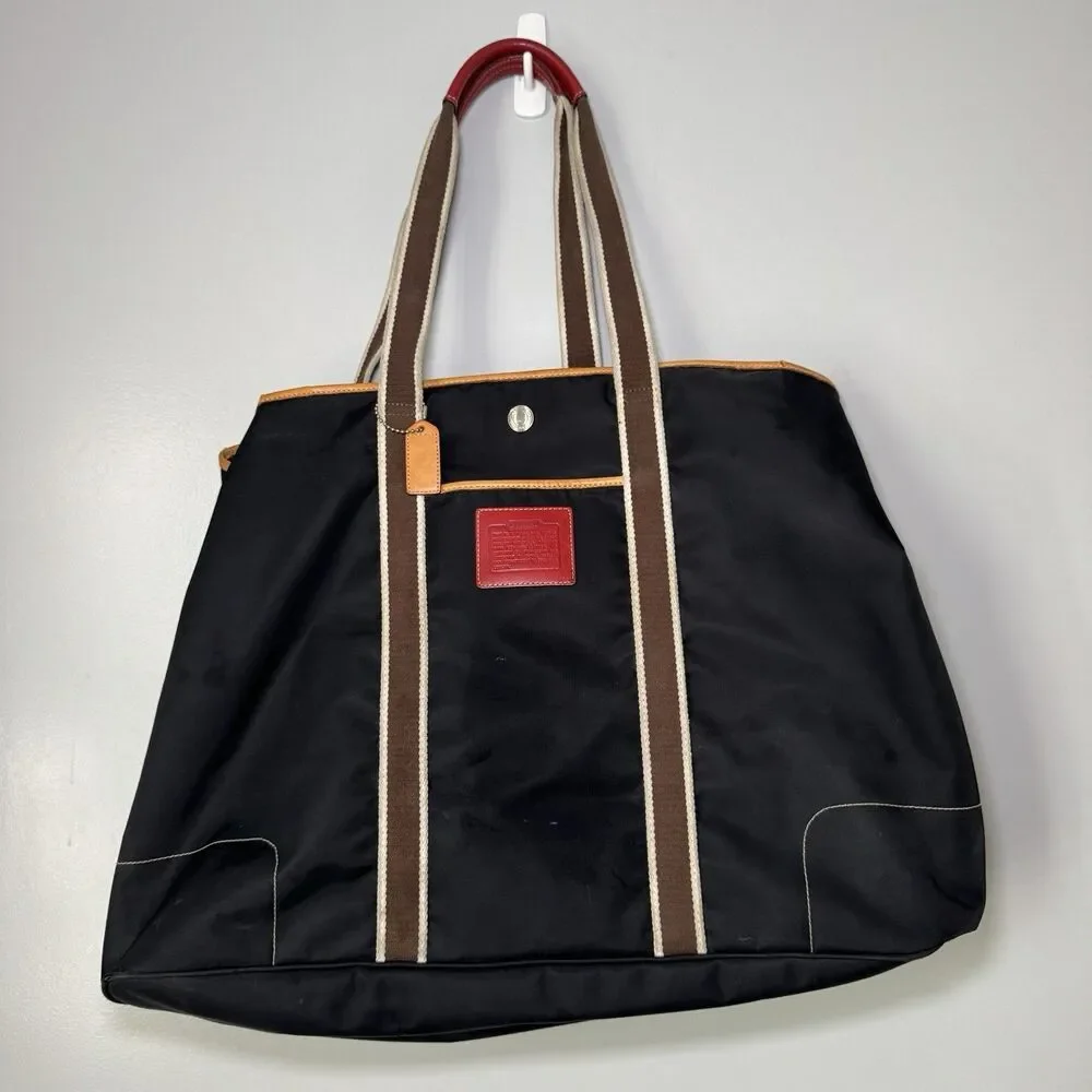 Coach Nylon & Leather Tote Black/Red/Brown Snap Up Large L2K-5074